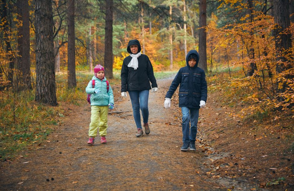 Hoeveel kilometer kan een kind van 5 jaar wandelen tijdens een herfstwandeling in het bos